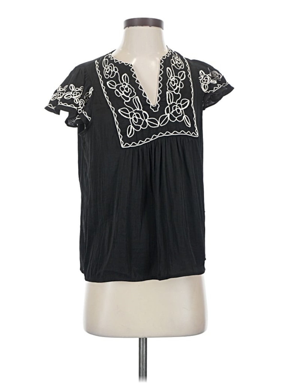 Rachel Zoe Black V-Neck Flutter Sleeve Top with White Embroidery